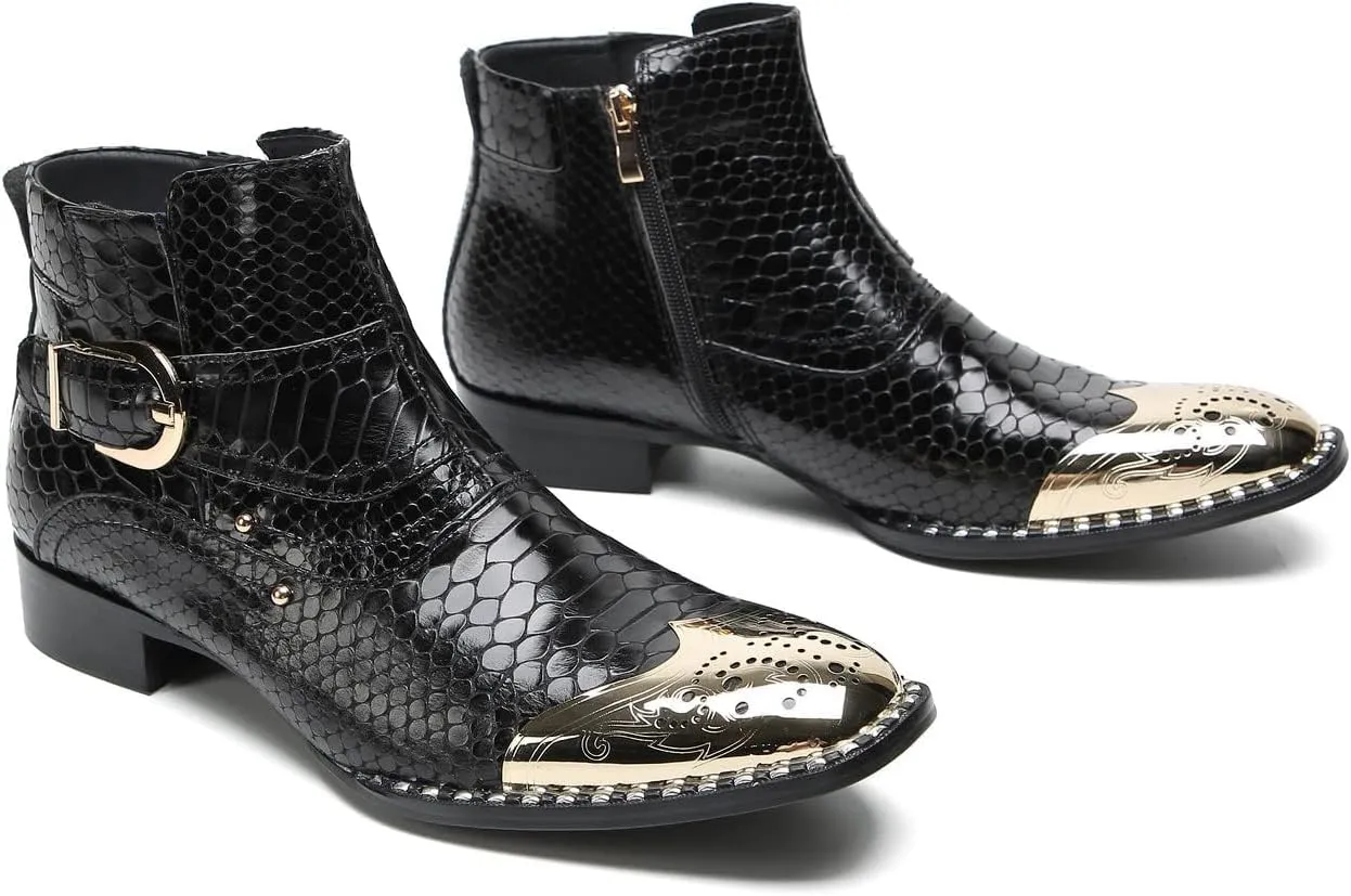 Santimon Chelsea Boots Men Casual Dress Genuine Leather Ankle Boots Metal-Square Toe Snakeskin Texture Western Boots Fashion Prom Wedding Tuxedo Ballroom Party Disco Singer Cowboy Boots for Men