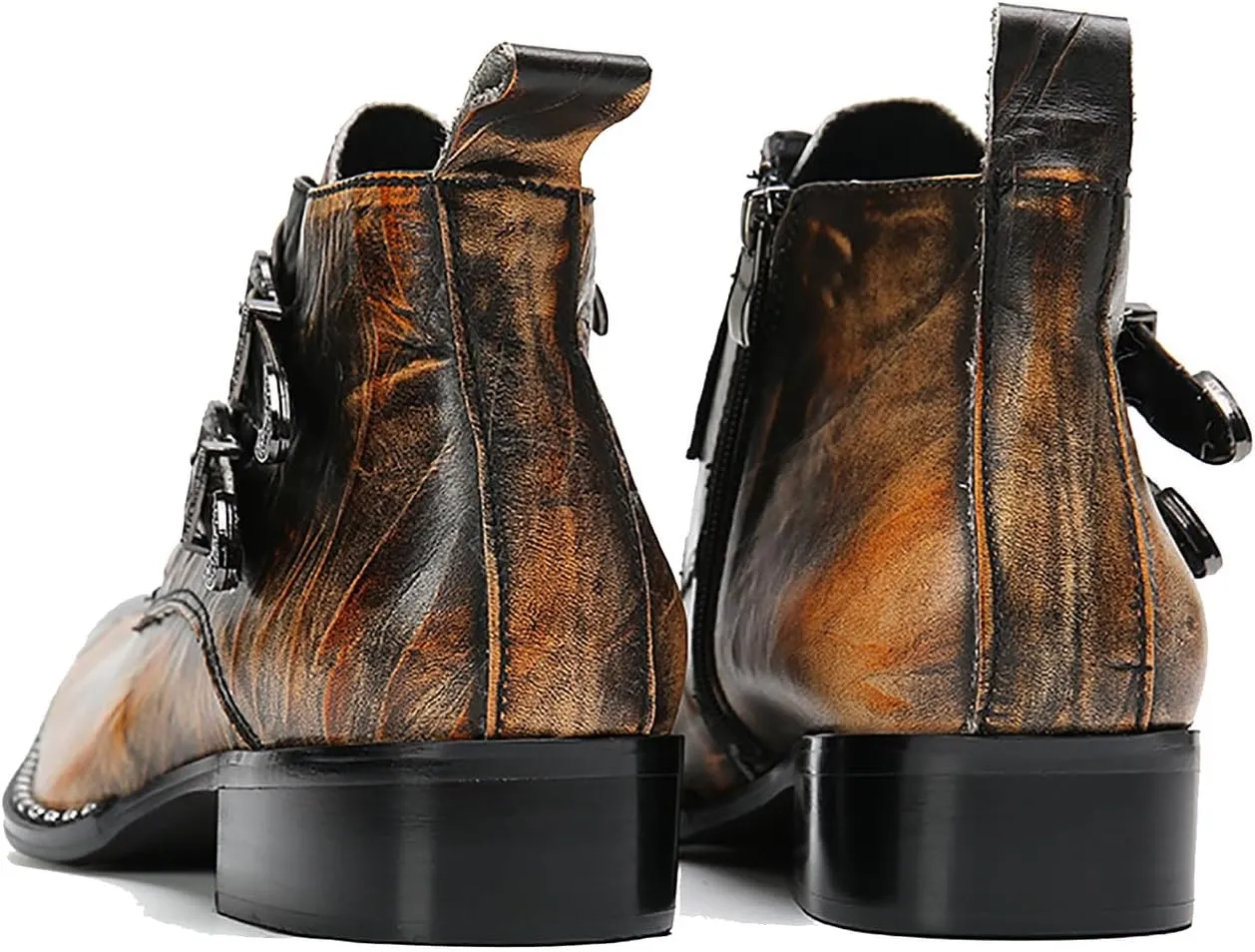 Santimon Mens Chelsea Boots Casual Dress Ankle Boots Handmade Genuine Leather Metal Square Toe Cowboy Boots Zipper Belt Buckle Prom Wedding Party Disco Singer Western Boots for Men