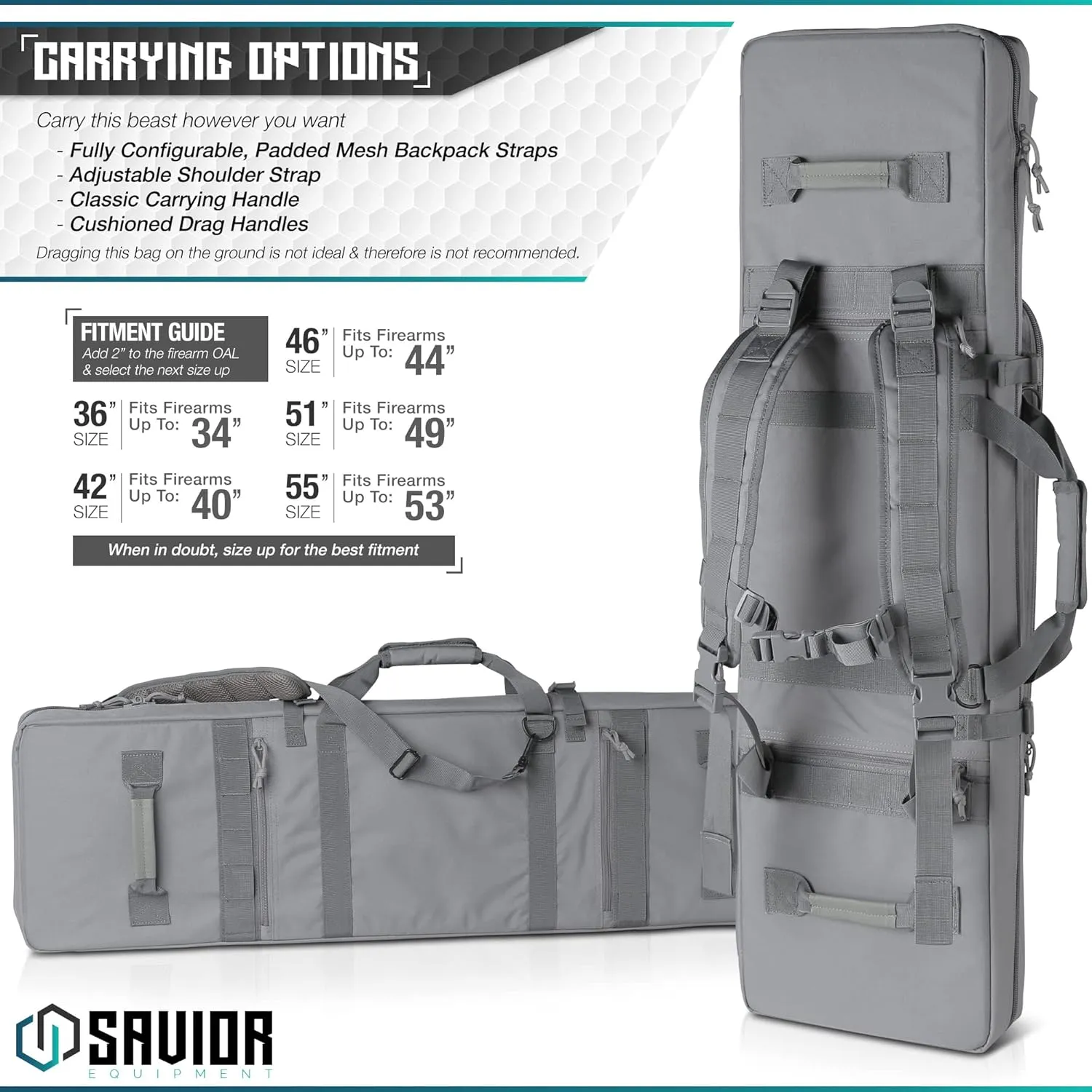 Savior Equipment Urban Warfare Tactical Double Long Gun Bag Case Backpack w/Pistol Handgun Case, Lockable Zipper, Padded Side Carry Strap, Available Length in 36" 42" 46" 51" 55"