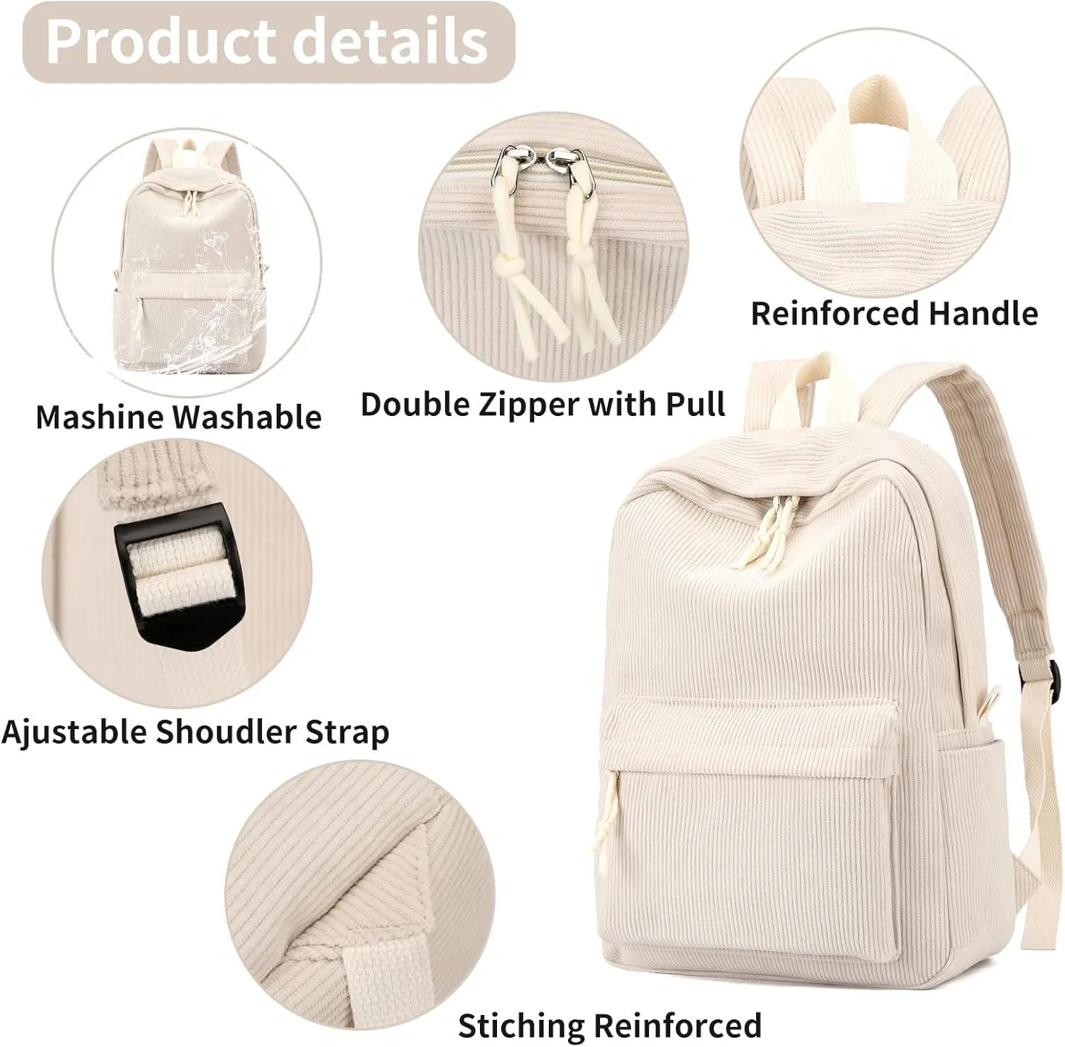 School Backpack for Girls Corduroy Bookbag 16inch Elementary Primary Preschool for Teen Boys Girl Travel Casual Daypacks (Beige)