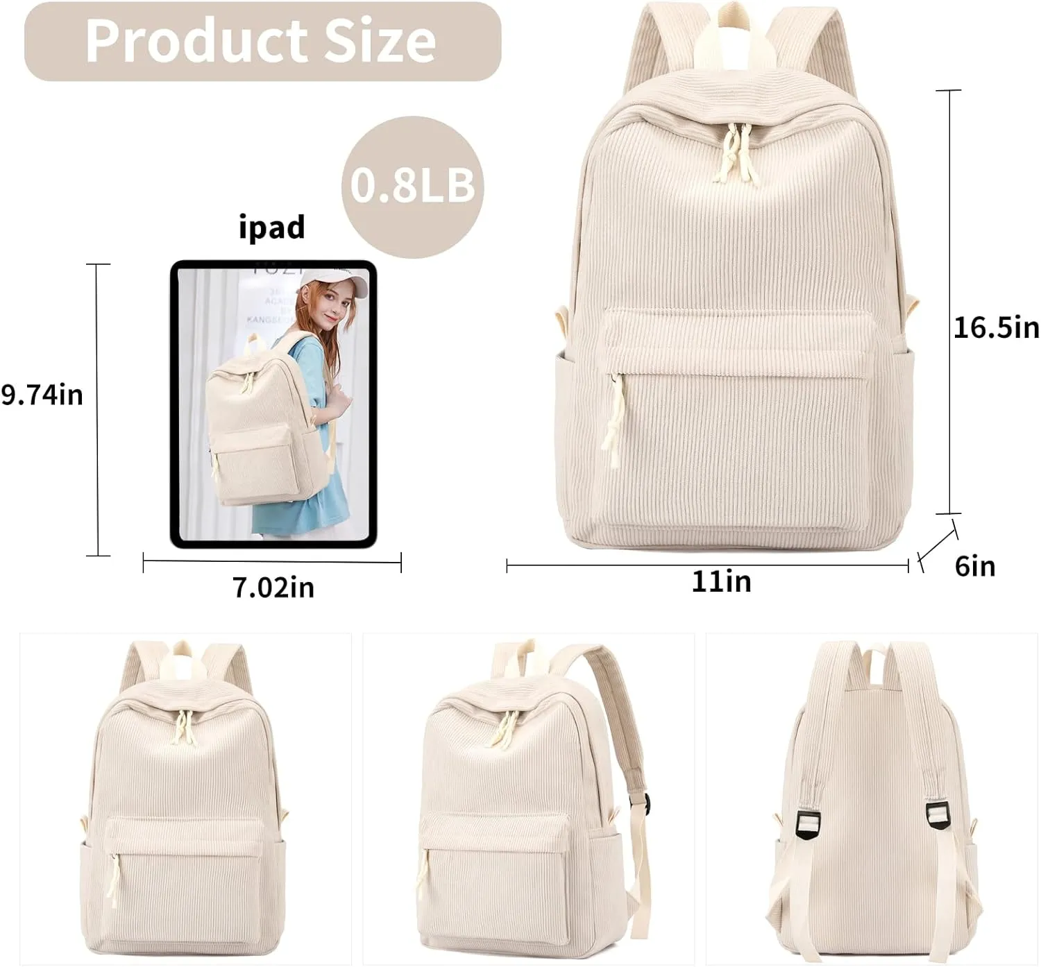 School Backpack for Girls Corduroy Bookbag 16inch Elementary Primary Preschool for Teen Boys Girl Travel Casual Daypacks (Beige)