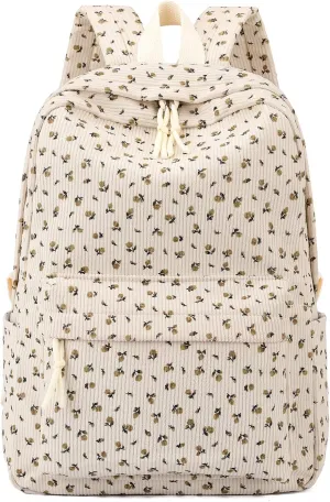 School Backpack for Girls Corduroy Bookbag 16inch Elementary Primary Preschool for Teen Boys Girl Travel Casual Daypacks (Flora Beige)