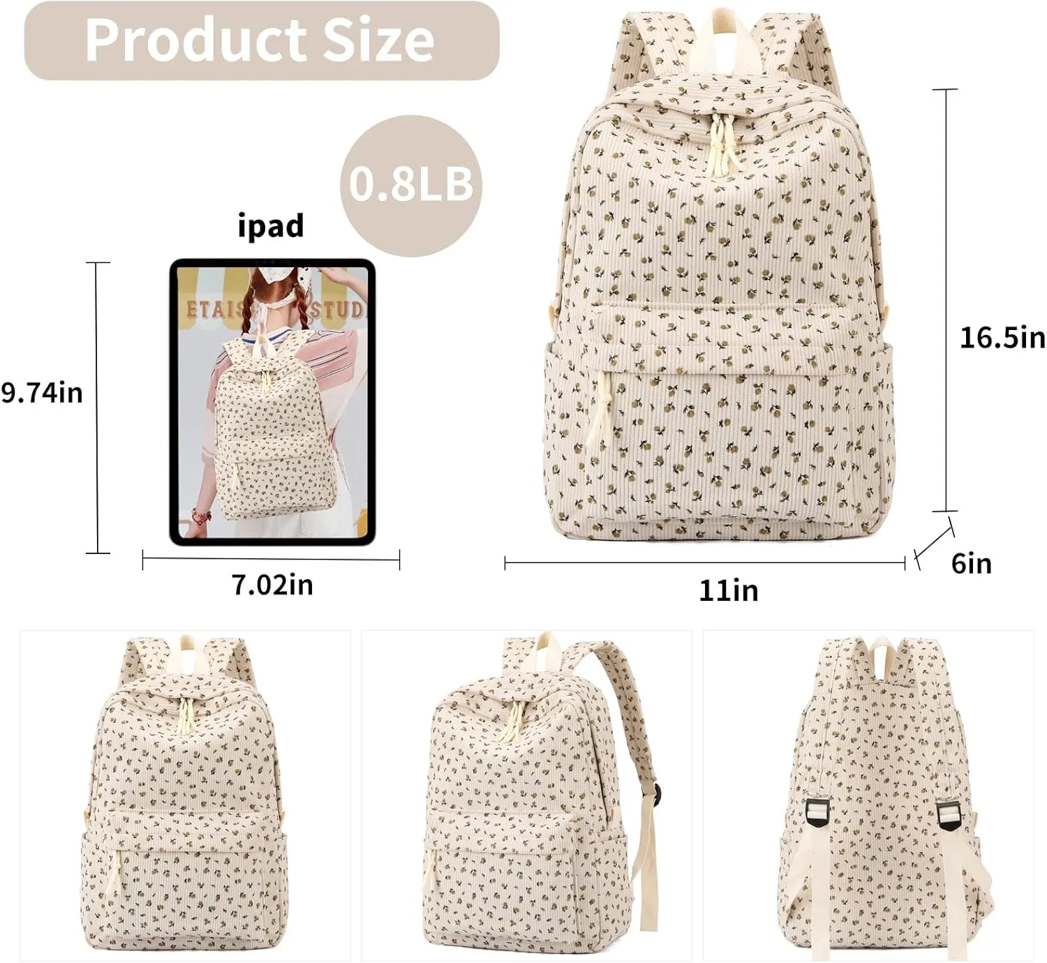 School Backpack for Girls Corduroy Bookbag 16inch Elementary Primary Preschool for Teen Boys Girl Travel Casual Daypacks (Flora Beige)