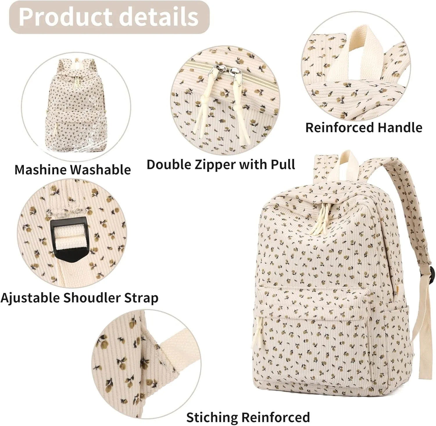 School Backpack for Girls Corduroy Bookbag 16inch Elementary Primary Preschool for Teen Boys Girl Travel Casual Daypacks (Flora Beige)