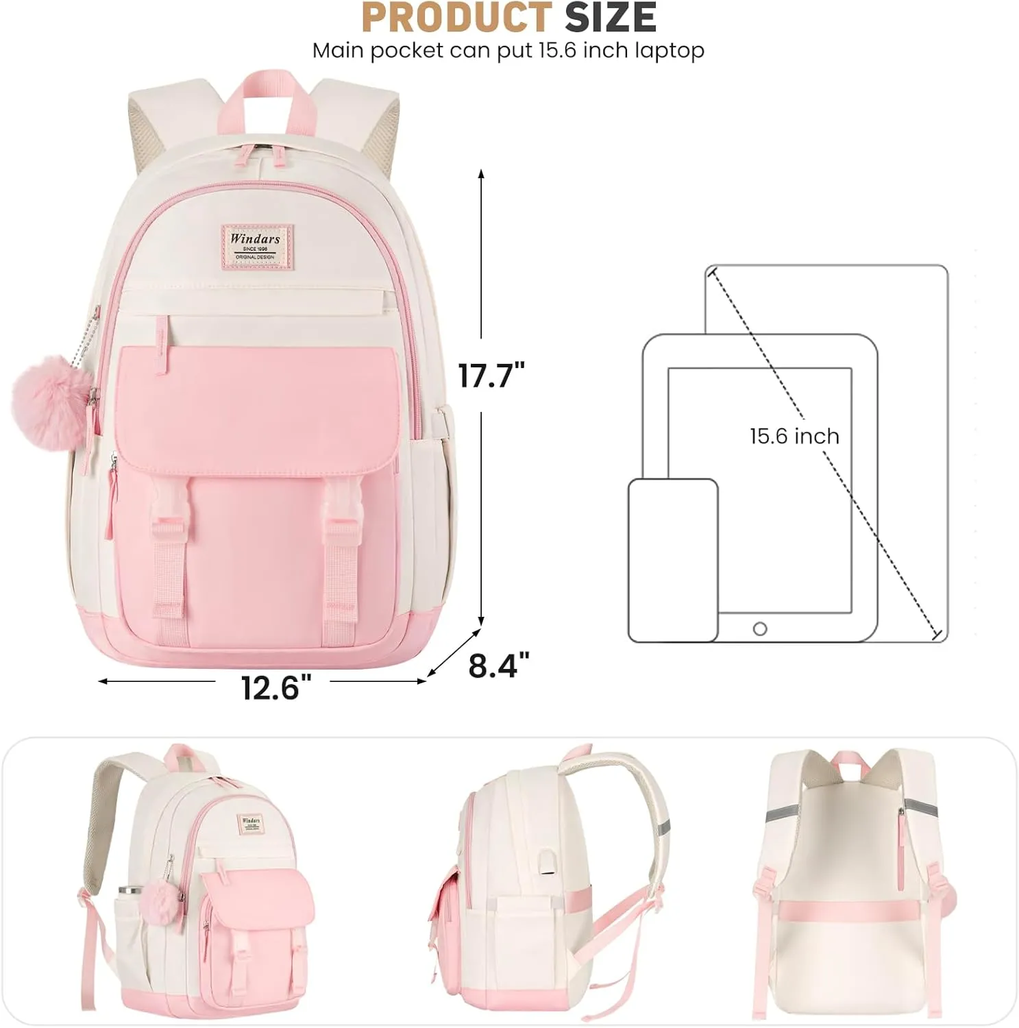 School Backpack for Teen Girls, Cute College Backpacks for Women Students Aesthetic Bookbag Large 15.6 Inch Laptop Bag Middle School Travel Back Pack (Pink Beige)