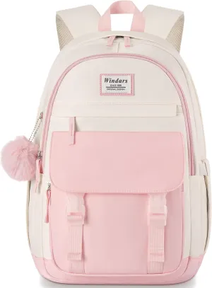 School Backpack for Teen Girls, Cute College Backpacks for Women Students Aesthetic Bookbag Large 15.6 Inch Laptop Bag Middle School Travel Back Pack (Pink Beige)