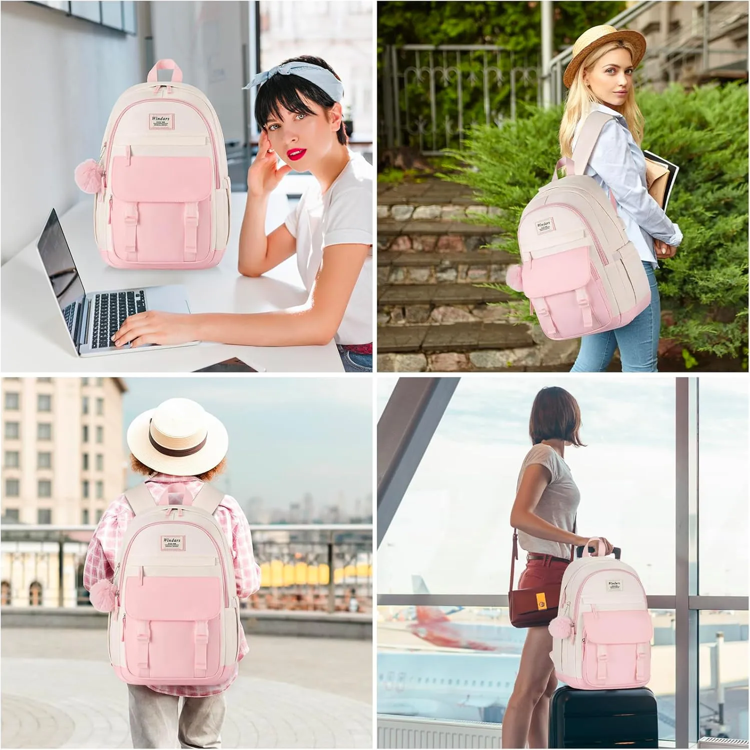 School Backpack for Teen Girls, Cute College Backpacks for Women Students Aesthetic Bookbag Large 15.6 Inch Laptop Bag Middle School Travel Back Pack (Pink Beige)