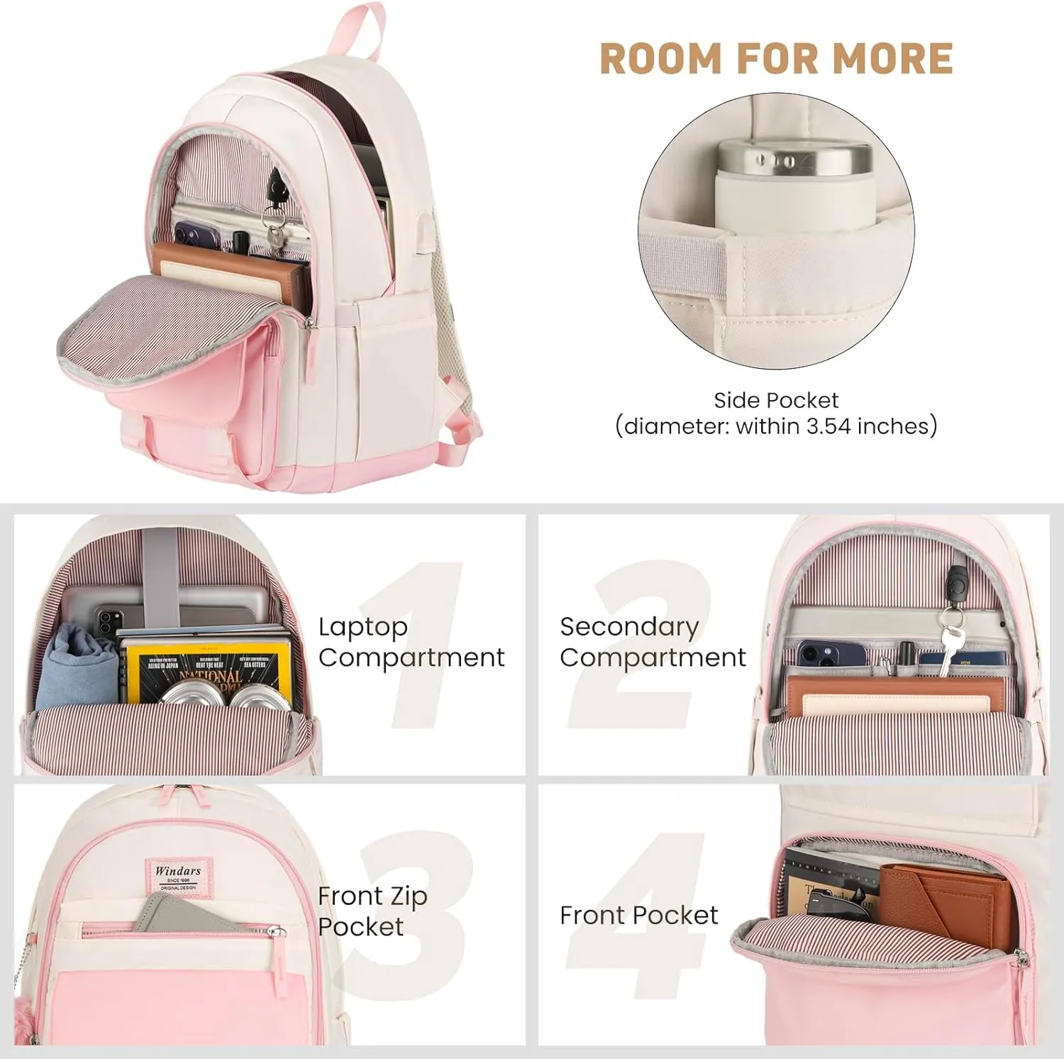 School Backpack for Teen Girls, Cute College Backpacks for Women Students Aesthetic Bookbag Large 15.6 Inch Laptop Bag Middle School Travel Back Pack (Pink Beige)