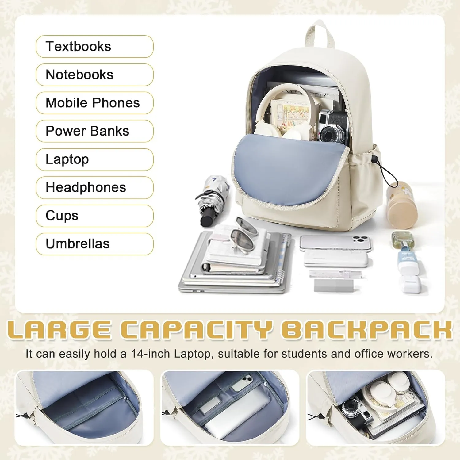 School Backpack for Women Men, Waterproof Lightweight College Bookbag Laptop Backpack Travel Rucksack Casual Daypack Backpacks Middle High School Bag for Teen Girls Boys, Beige