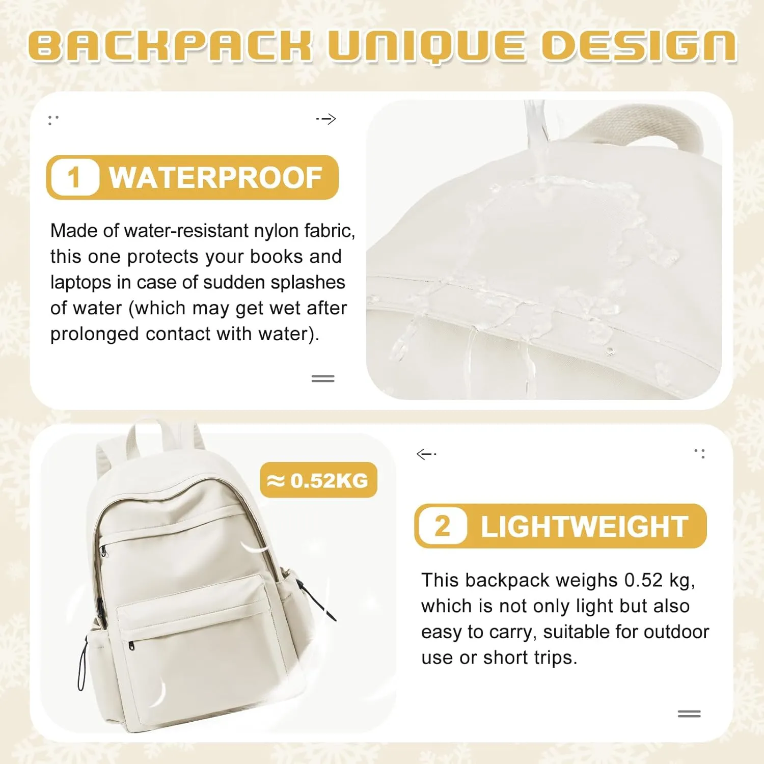 School Backpack for Women Men, Waterproof Lightweight College Bookbag Laptop Backpack Travel Rucksack Casual Daypack Backpacks Middle High School Bag for Teen Girls Boys, Beige