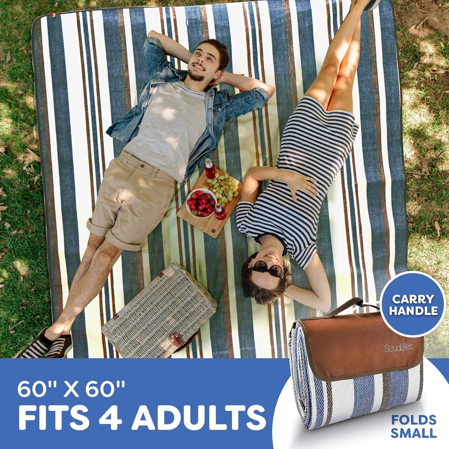 scuddles Extra Large Picnic & Outdoor Blanket Dual Layers for Outdoor Water-Resistant Handy Mat Tote Spring Summer Camping Blanket Great for The Beach