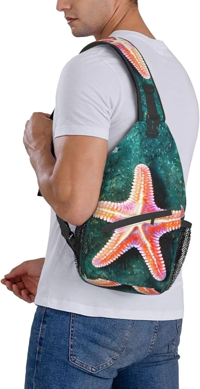 Seawater Seashell Starfish Print Sling Backpack, Sling Bag, Crossbody Chest Bag Daypack, for Hiking Travel