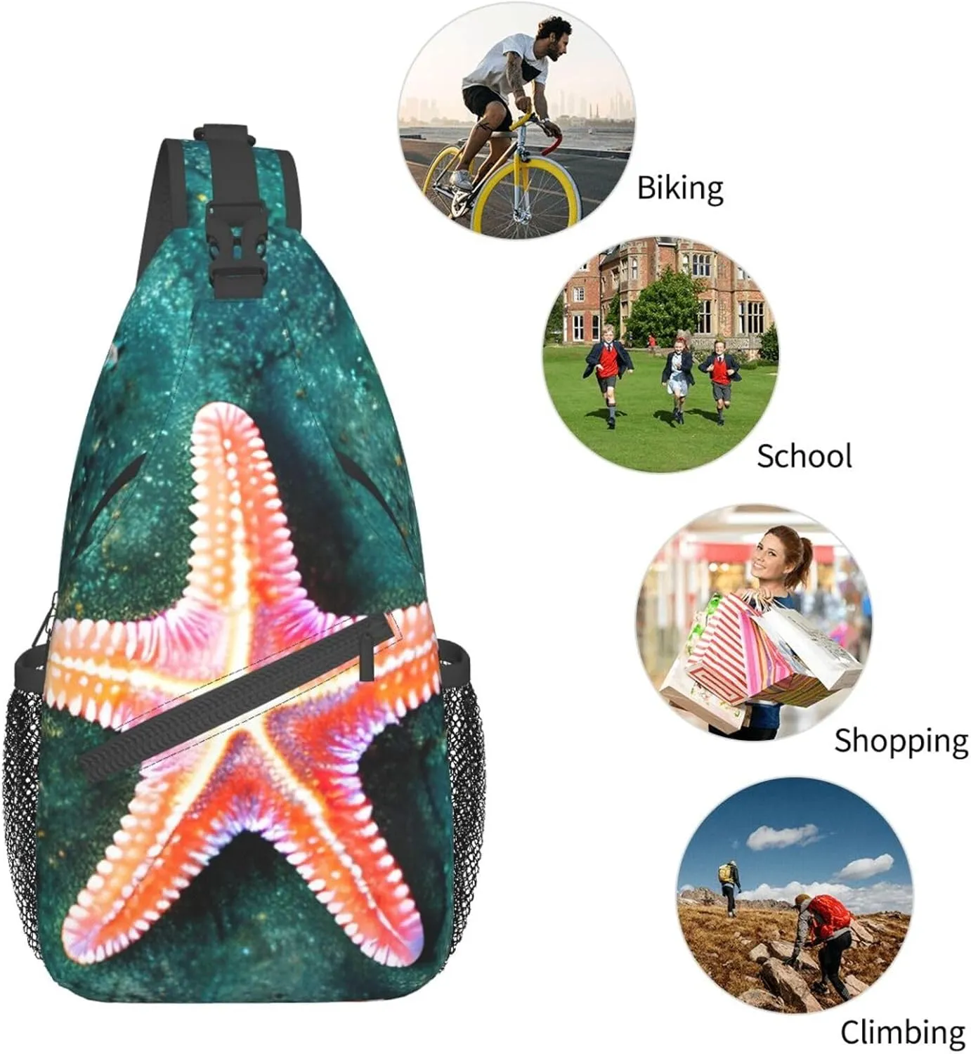 Seawater Seashell Starfish Print Sling Backpack, Sling Bag, Crossbody Chest Bag Daypack, for Hiking Travel