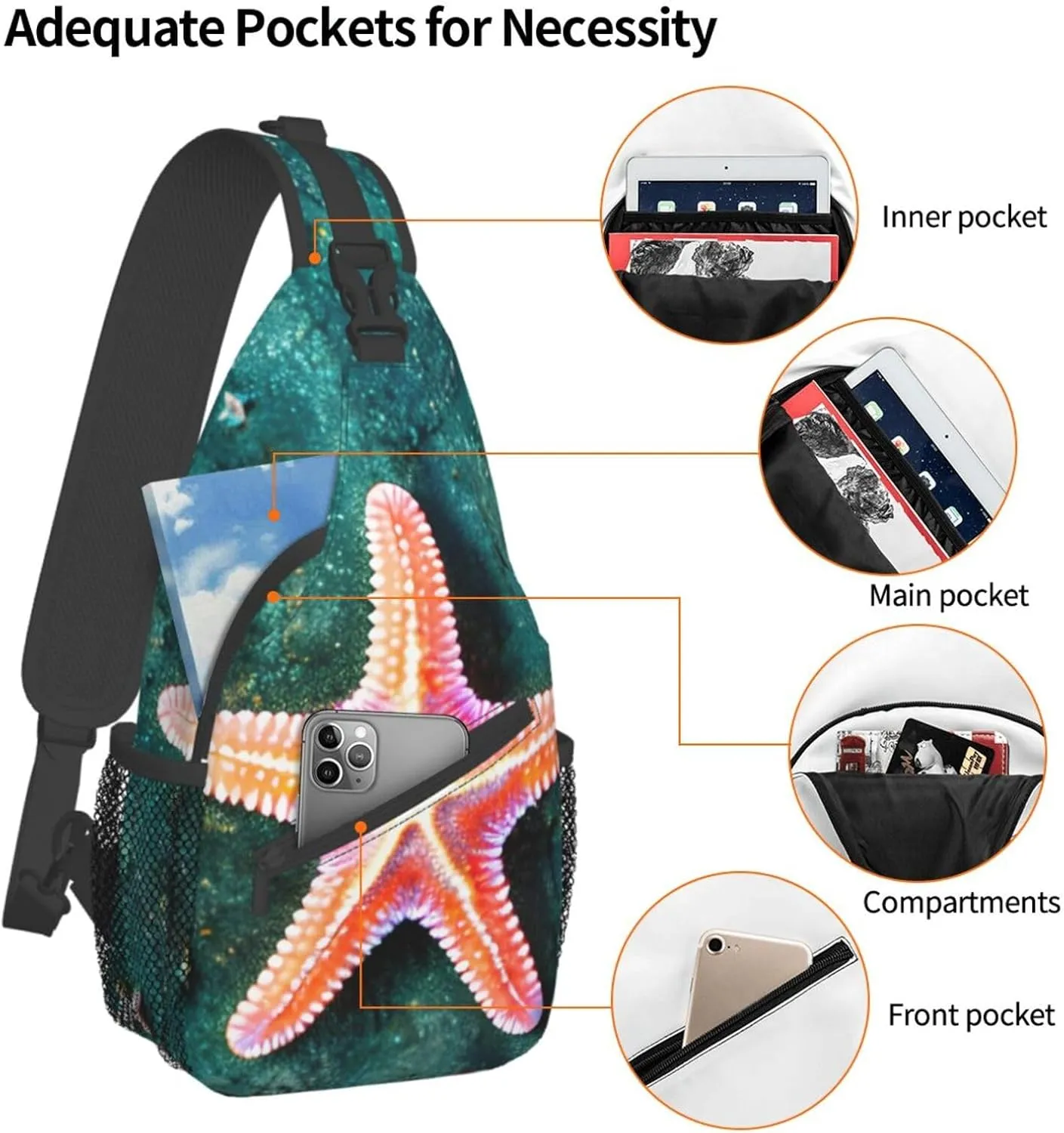 Seawater Seashell Starfish Print Sling Backpack, Sling Bag, Crossbody Chest Bag Daypack, for Hiking Travel
