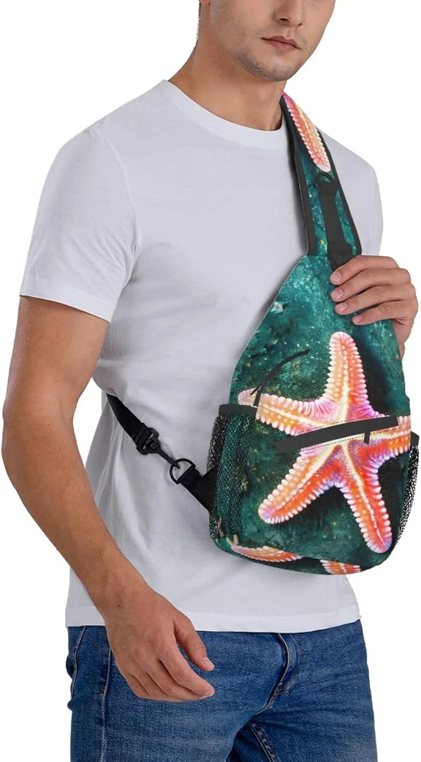 Seawater Seashell Starfish Print Sling Backpack, Sling Bag, Crossbody Chest Bag Daypack, for Hiking Travel