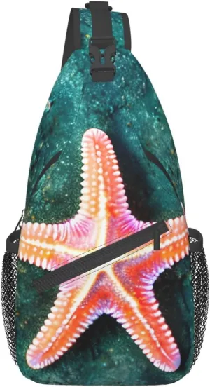 Seawater Seashell Starfish Print Sling Backpack, Sling Bag, Crossbody Chest Bag Daypack, for Hiking Travel