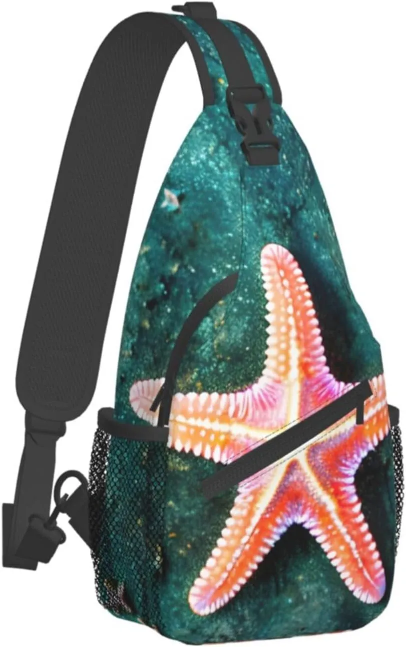 Seawater Seashell Starfish Print Sling Backpack, Sling Bag, Crossbody Chest Bag Daypack, for Hiking Travel