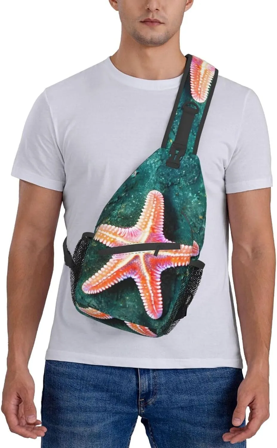 Seawater Seashell Starfish Print Sling Backpack, Sling Bag, Crossbody Chest Bag Daypack, for Hiking Travel