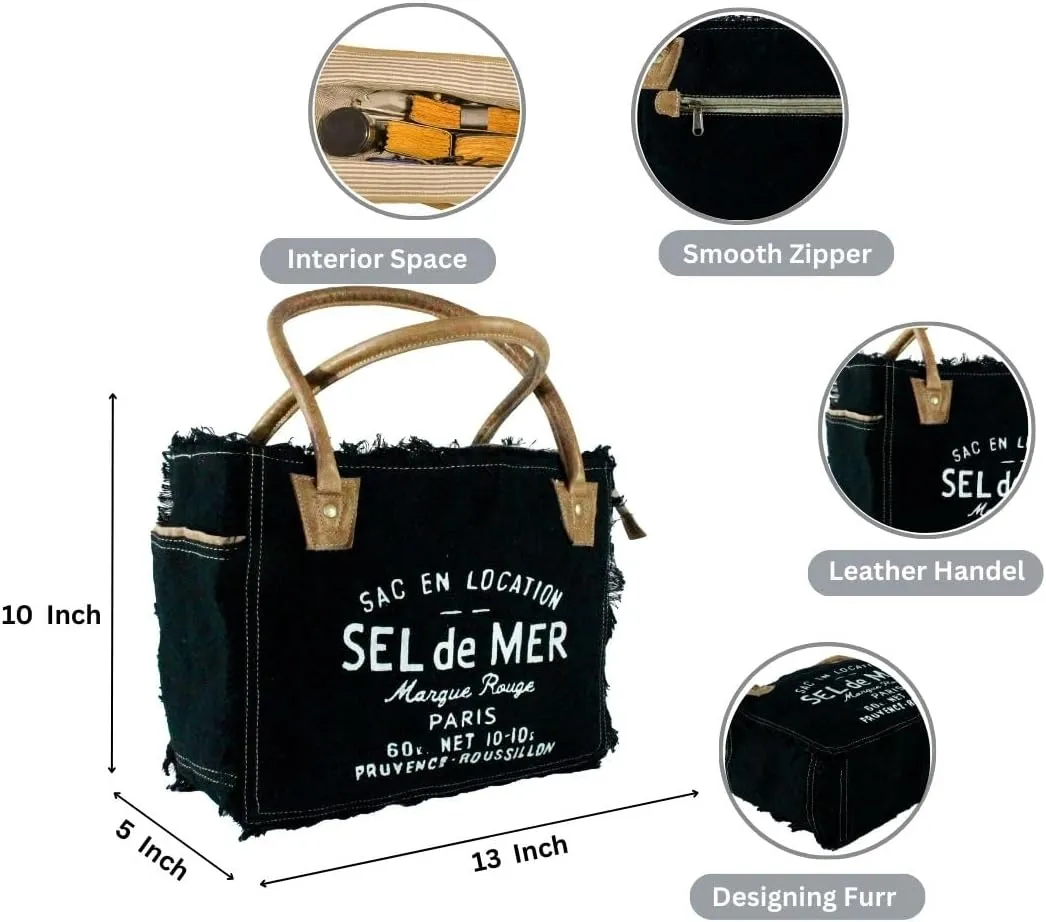 Sel de mer upcycled canvas hand bag upcycled canvas & cowhide tote bag (10X13 Inch)