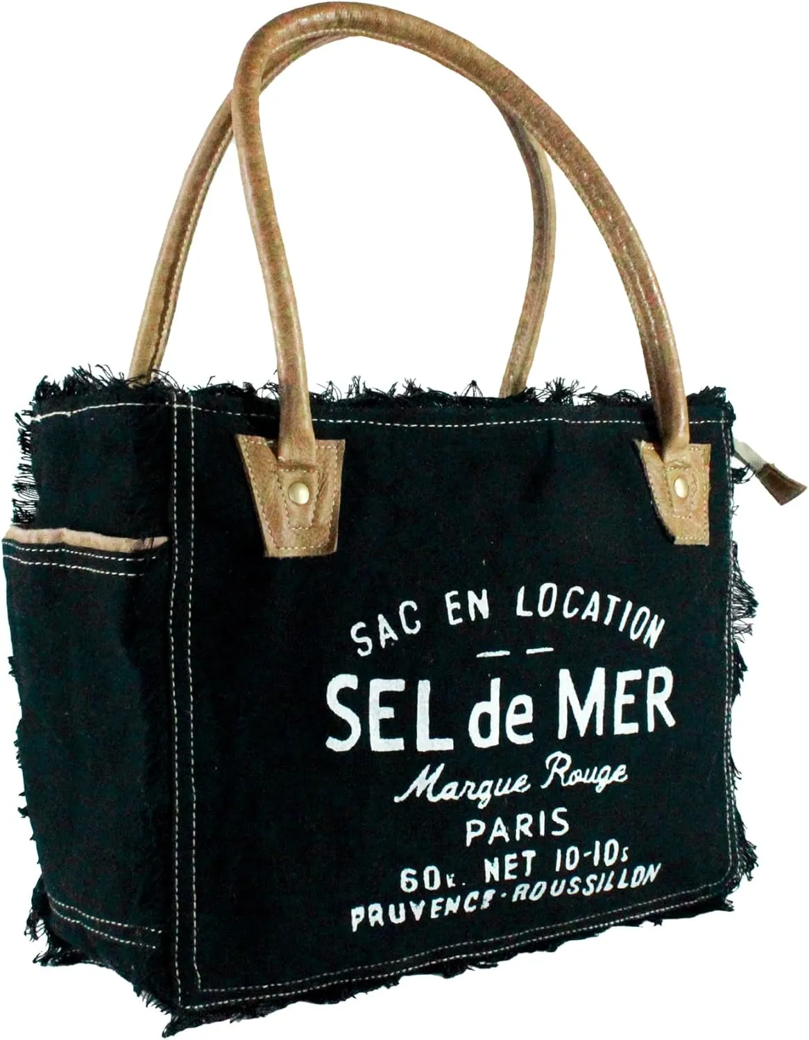 Sel de mer upcycled canvas hand bag upcycled canvas & cowhide tote bag (10X13 Inch)