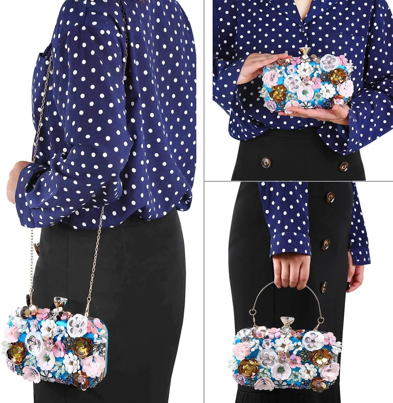 Selighting Colorful Flower Clutch Purse for Women Formal Evening Bag Beaded Pearl Purse for Wedding Prom Party Handbags