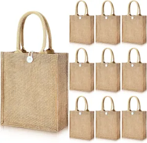 Shappy 10 Pcs Mother's Day Burlap Tote Bags with Handles and Button Reusable Grocery Bags Bulk Blank Bridesmaid Gift Tote for Shopping Wedding Party Beach Favors,11 x 9.4 x 4 Inch(Khaki)