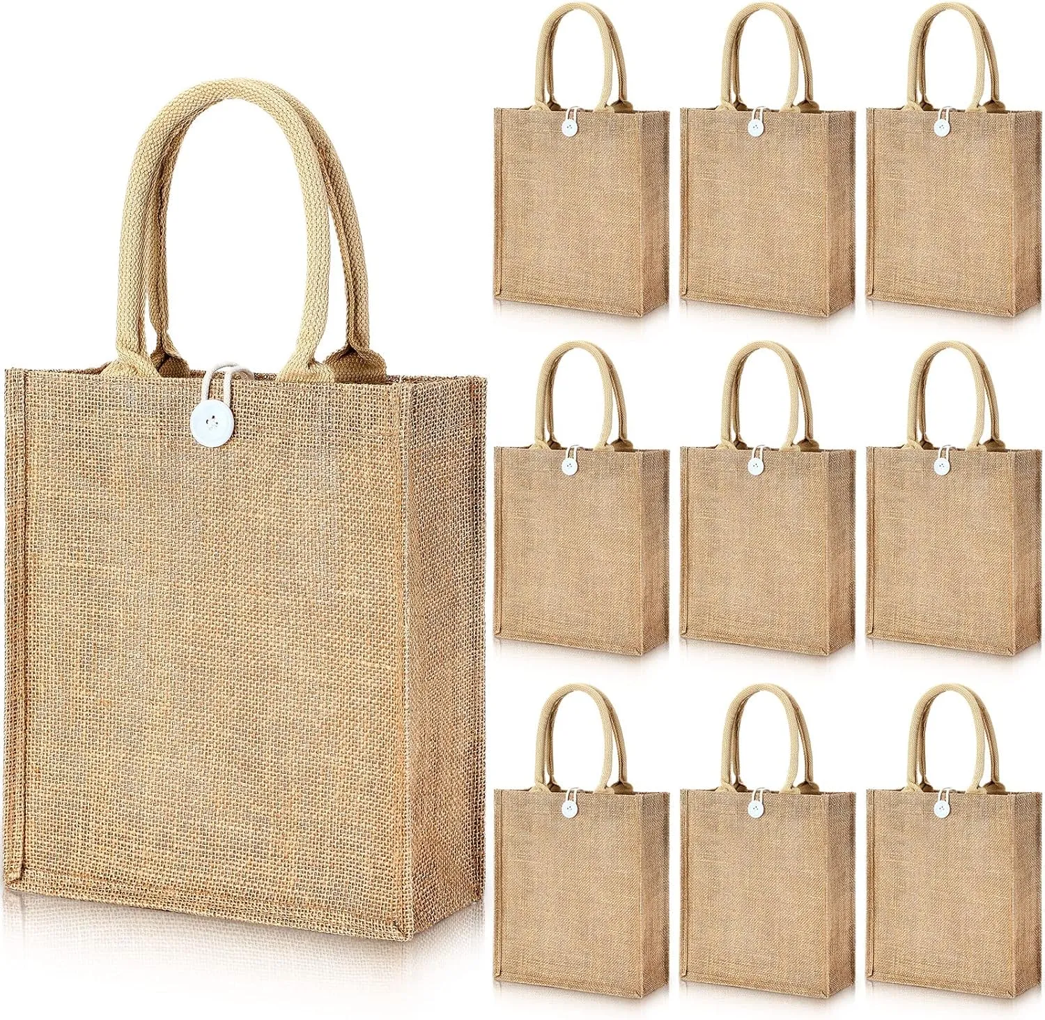 Shappy 10 Pcs Mother's Day Burlap Tote Bags with Handles and Button Reusable Grocery Bags Bulk Blank Bridesmaid Gift Tote for Shopping Wedding Party Beach Favors,11 x 9.4 x 4 Inch(Khaki)