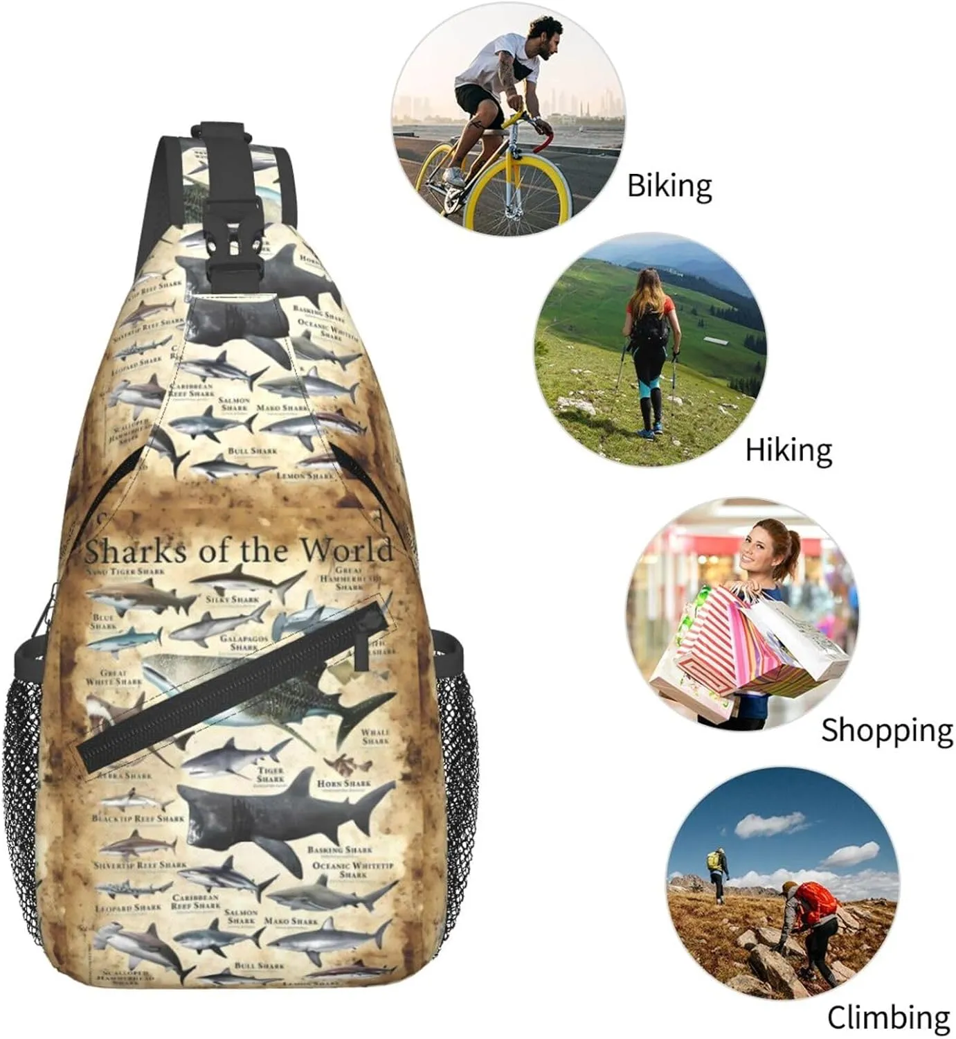 Sharks Of The World Chest Sling Bag Crossbody Shoulder Backpack Bag Gym Cycling Travel Hiking Daypack Cross Bag
