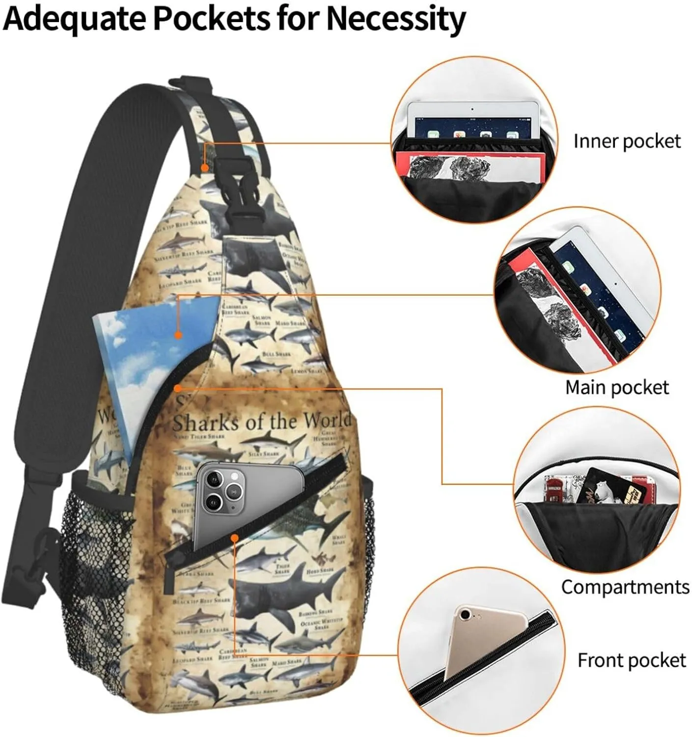 Sharks Of The World Chest Sling Bag Crossbody Shoulder Backpack Bag Gym Cycling Travel Hiking Daypack Cross Bag
