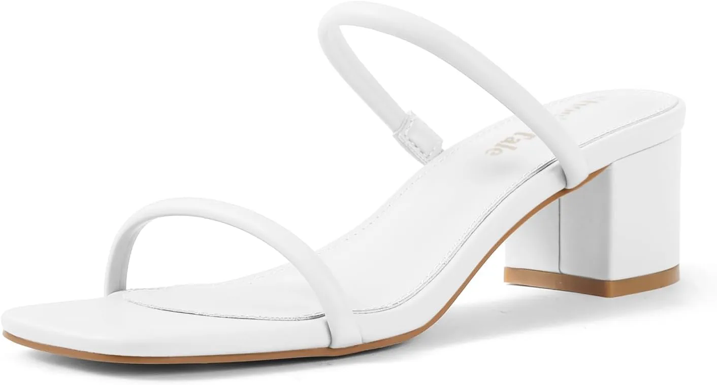 Shoe'N Tale Strappy Heels for Women Square Open Toe Two Strap Low Block Heel Slip on Dressy Sandals Shoes