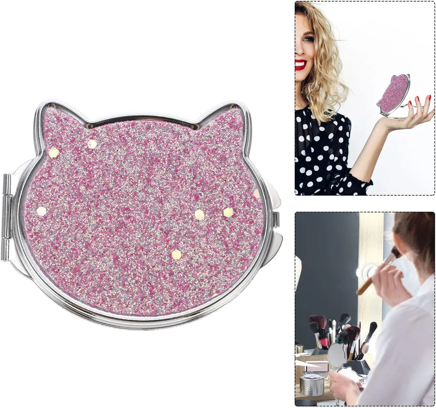 Sided Cat Girls Chic Handbag Cosmetic Pocket- Women Metal Mini Handheld Compact Mirror Vanity Mirrors and Dual for Shaped Makeup Folding Exquisite Travel Shaped: