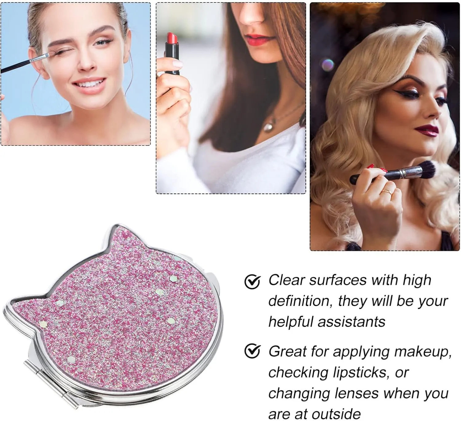 Sided Cat Girls Chic Handbag Cosmetic Pocket- Women Metal Mini Handheld Compact Mirror Vanity Mirrors and Dual for Shaped Makeup Folding Exquisite Travel Shaped: