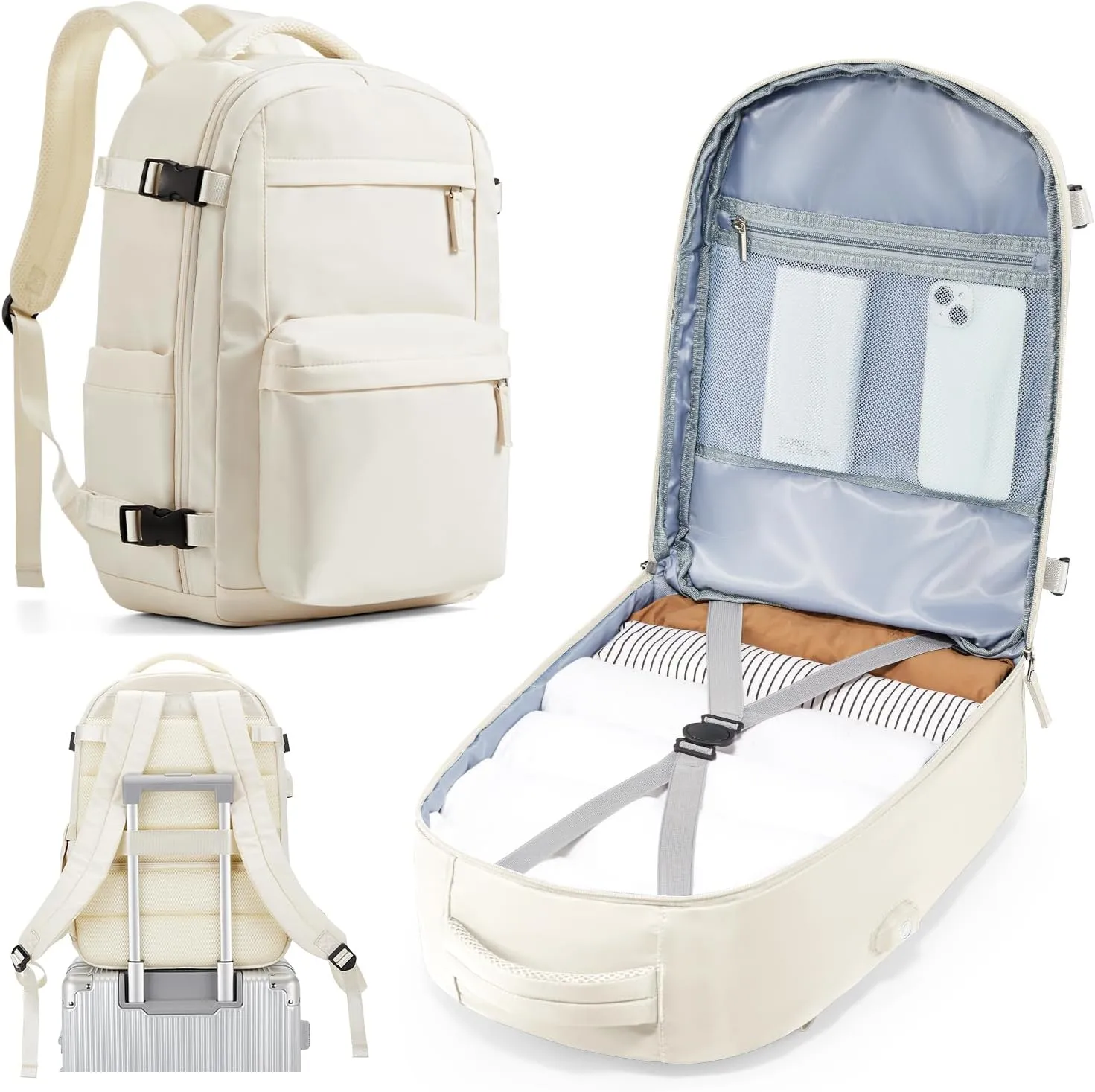 Simple Travel Backpack For Women Men,Carry on Backpack for Traveling on Airplane,Mochila de Viaje,Frontier Airlines Personal Item Travel Bag,Waterproof Luggage Backpack with USB Charging Port(Beige)