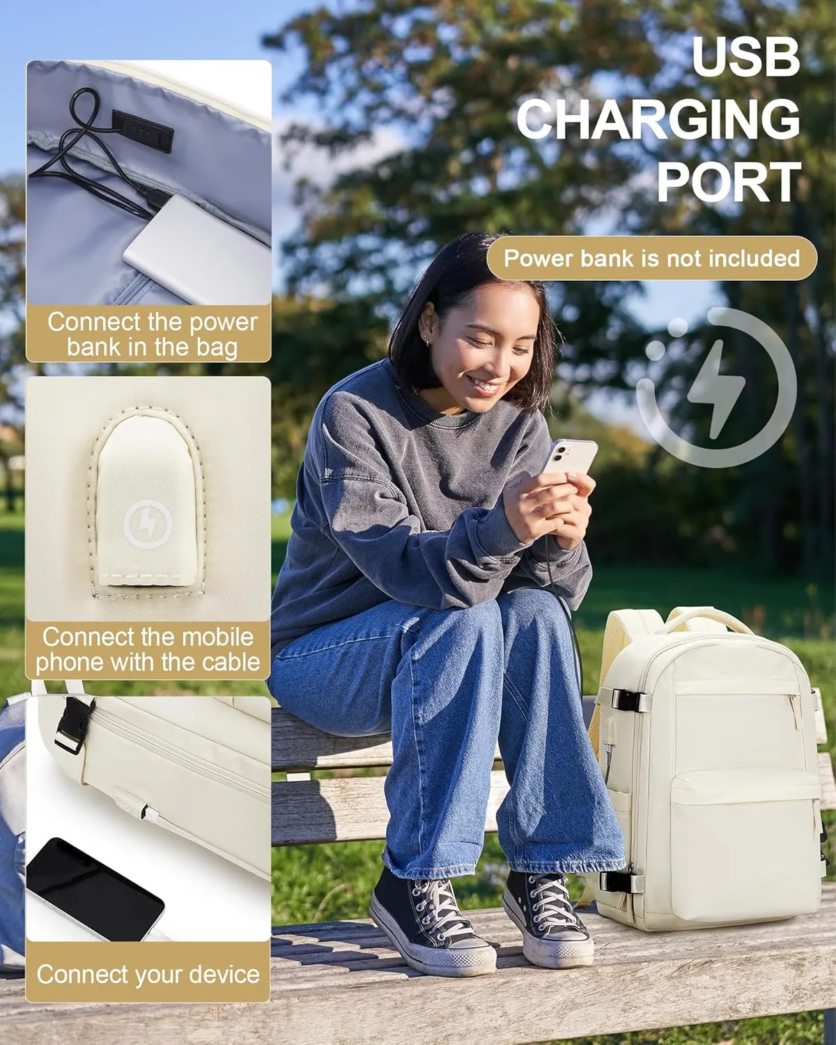 Simple Travel Backpack For Women Men,Carry on Backpack for Traveling on Airplane,Mochila de Viaje,Frontier Airlines Personal Item Travel Bag,Waterproof Luggage Backpack with USB Charging Port(Beige)