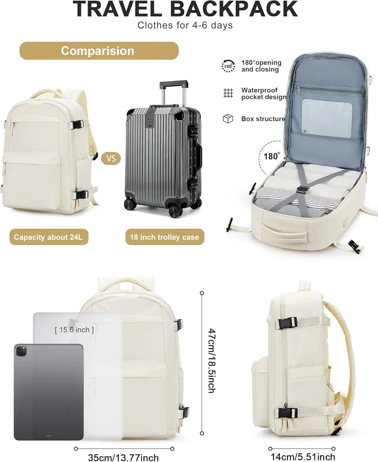 Simple Travel Backpack For Women Men,Carry on Backpack for Traveling on Airplane,Mochila de Viaje,Frontier Airlines Personal Item Travel Bag,Waterproof Luggage Backpack with USB Charging Port(Beige)