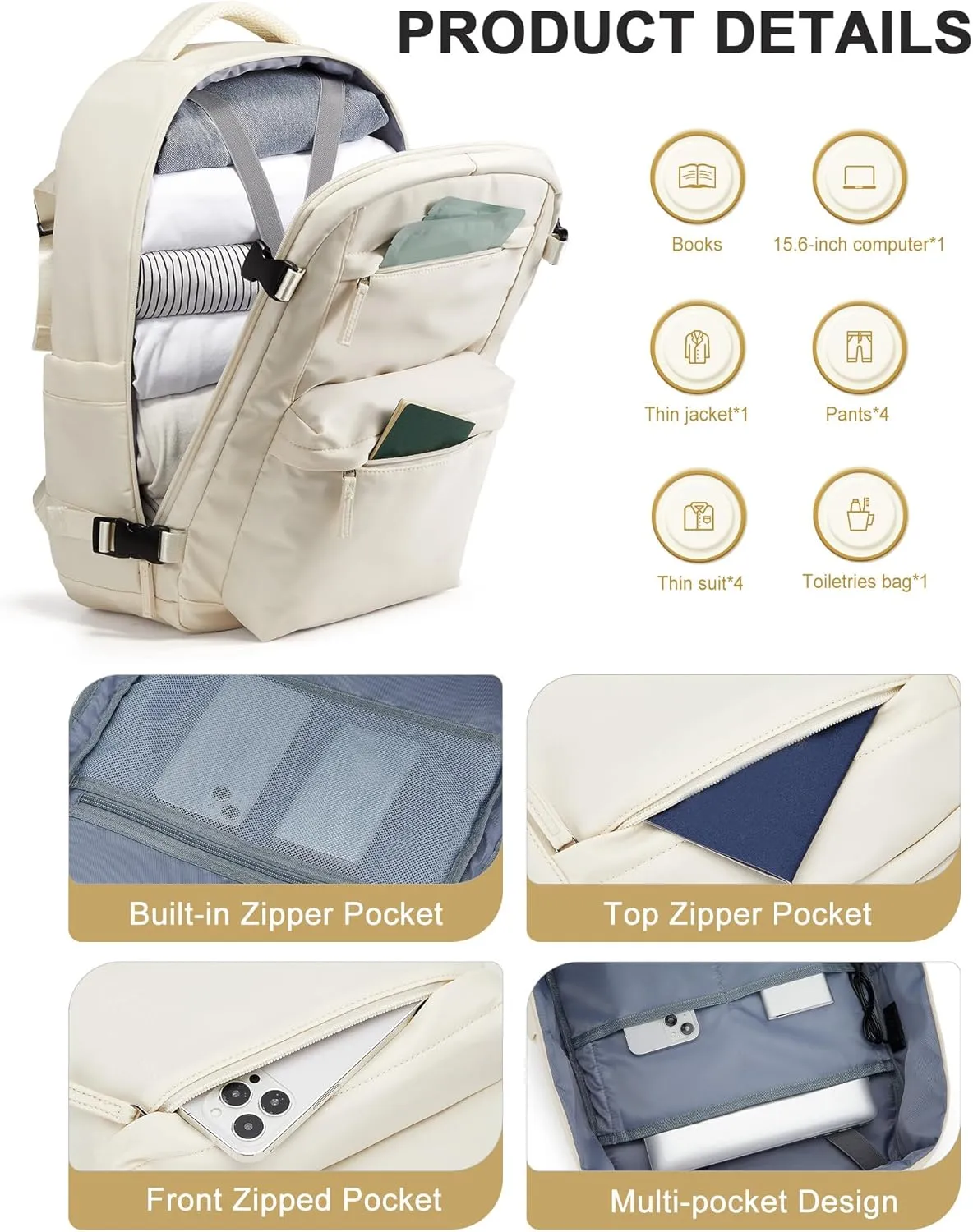 Simple Travel Backpack For Women Men,Carry on Backpack for Traveling on Airplane,Mochila de Viaje,Frontier Airlines Personal Item Travel Bag,Waterproof Luggage Backpack with USB Charging Port(Beige)