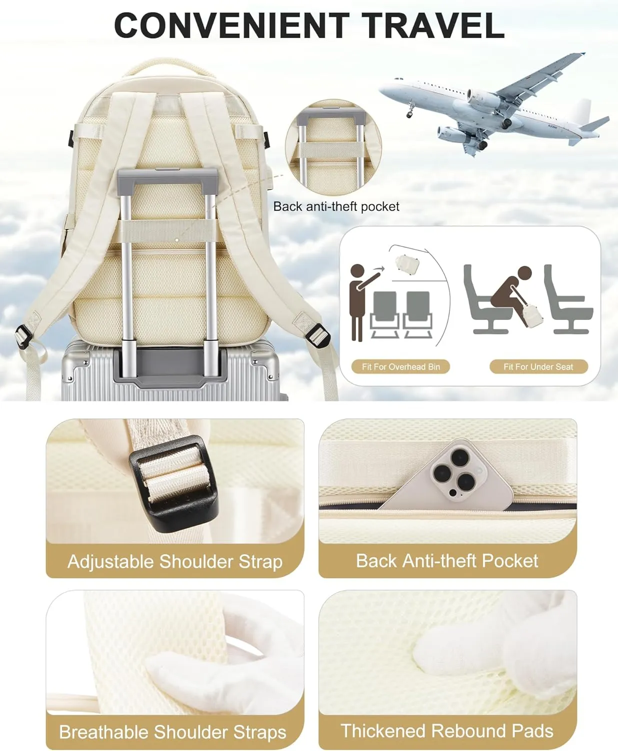 Simple Travel Backpack For Women Men,Carry on Backpack for Traveling on Airplane,Mochila de Viaje,Frontier Airlines Personal Item Travel Bag,Waterproof Luggage Backpack with USB Charging Port(Beige)