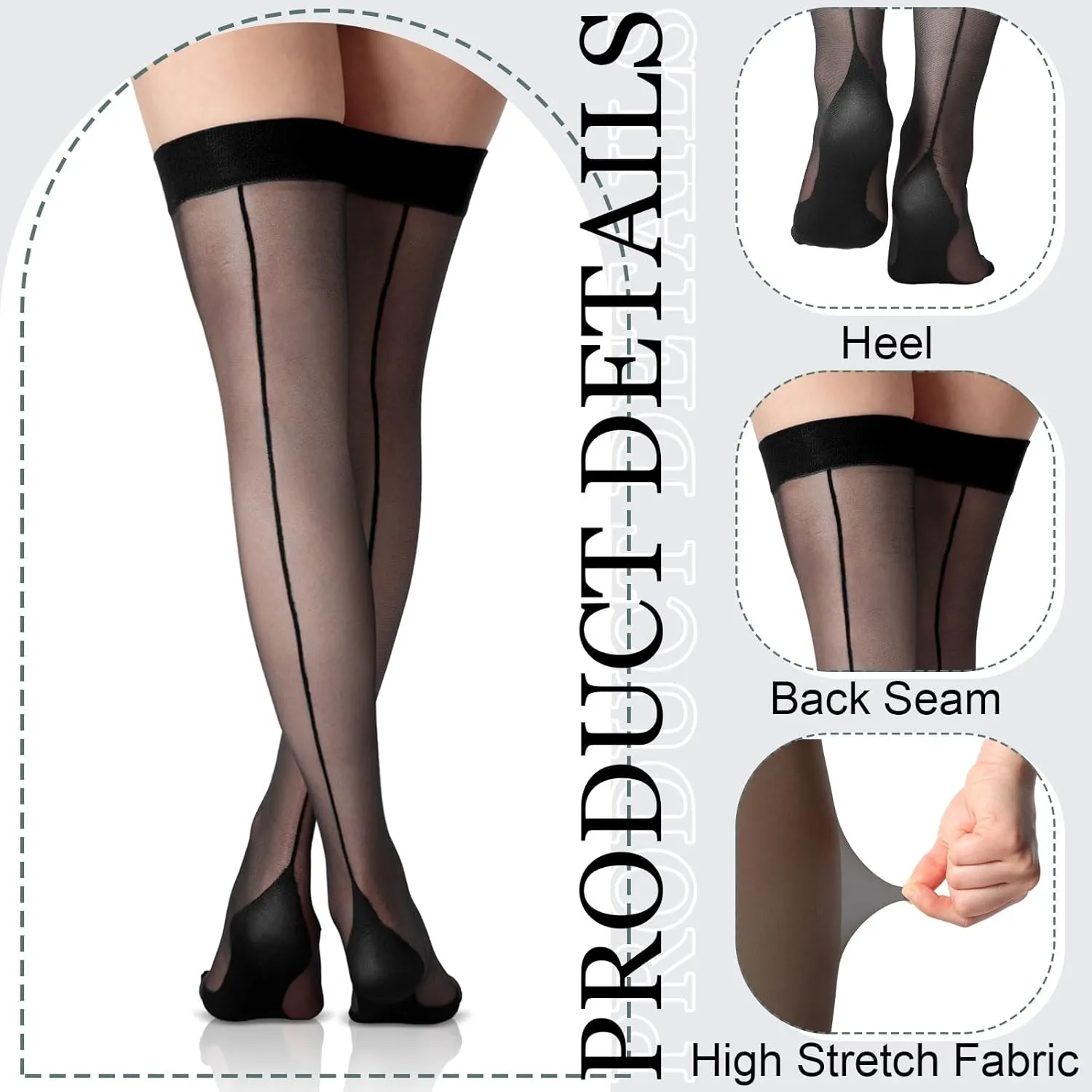 Sintege 6 Pairs Thigh High Stockings Cuban Heel Stockings Sheer Seamed Socks Backseam Thigh High Closed Toes Socks for Women