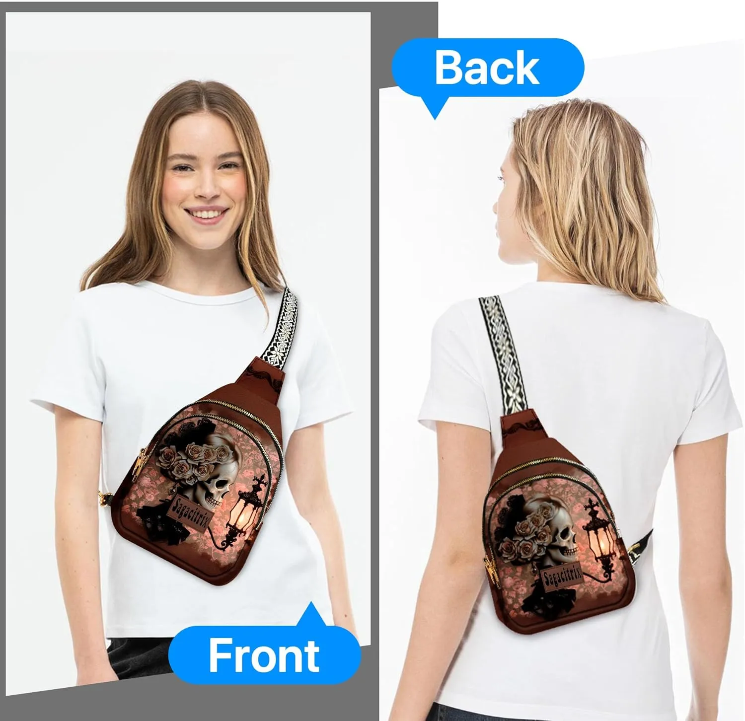 Skull Small Sling Bag for Women Leather Sling Crossbody Bags Casual Chest Daypack for Traveling Sport Running Hiking