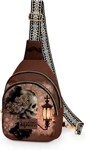 Skull Small Sling Bag for Women Leather Sling Crossbody Bags Casual Chest Daypack for Traveling Sport Running Hiking