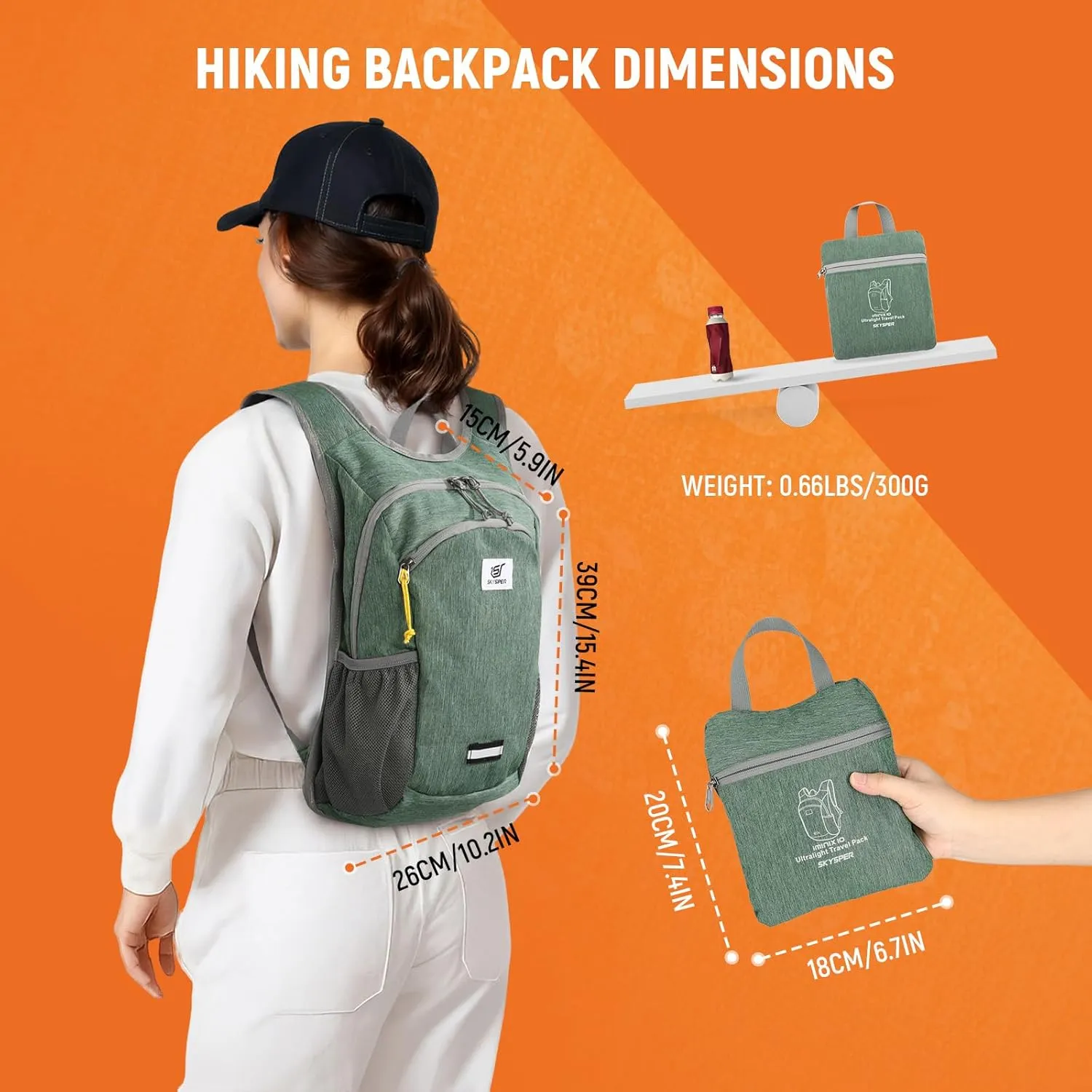 SKYSPER 10L Hiking Backpack, Foldable & Packable Lightweight Daypack for Travel, Collapsible Small Compact Hiking Backpack for Women & Men, Green