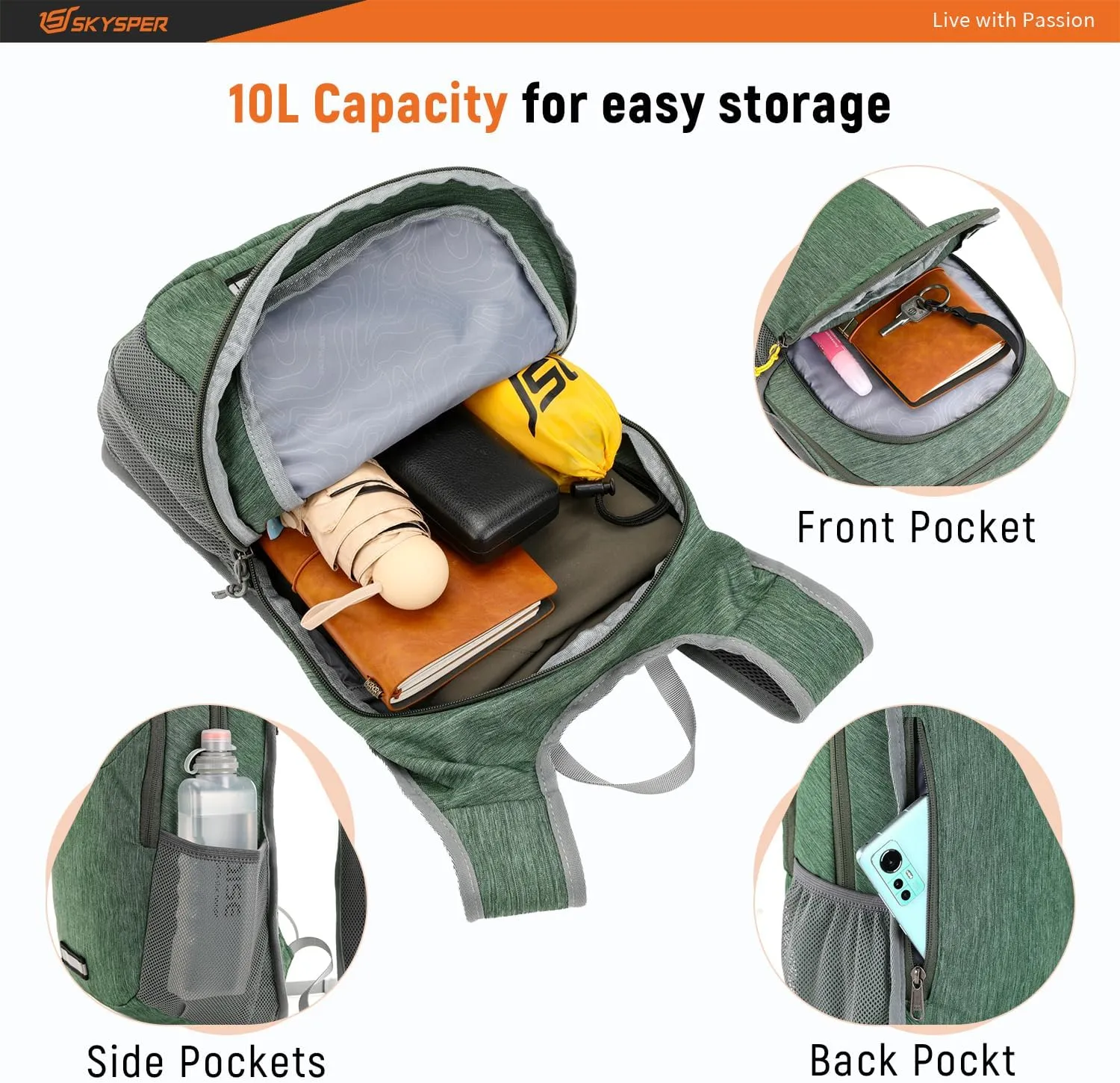 SKYSPER Small Hiking Backpack 10L Packable Lightweight Back Pack Foldable Travel Daypack for Women Men