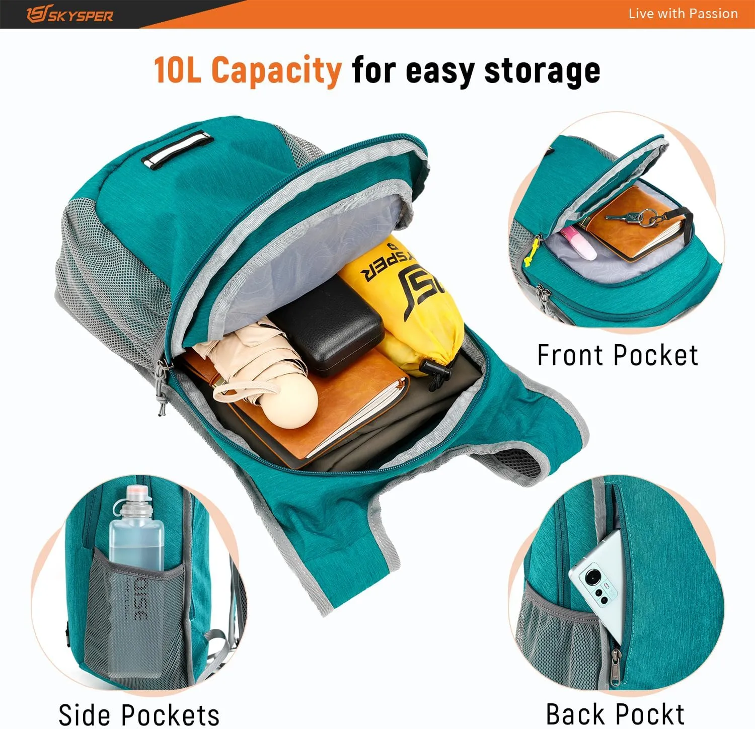 SKYSPER Small Hiking Backpack 10L Packable Lightweight Back Pack Foldable Travel Daypack for Women Men