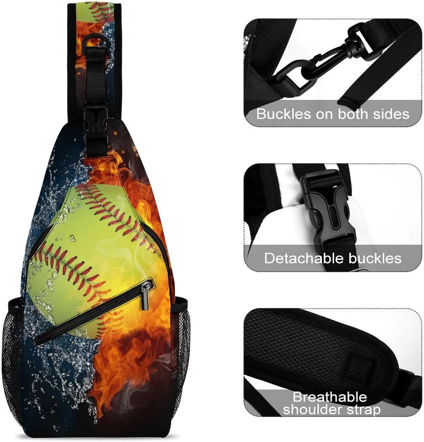 Sling Bag Crossbody Chest Bag Anti-Theft Shoulder Backpack for Women & Men Travel Multipurpose Daypacks (for Ice Water Fire Flame Softball Baseball)