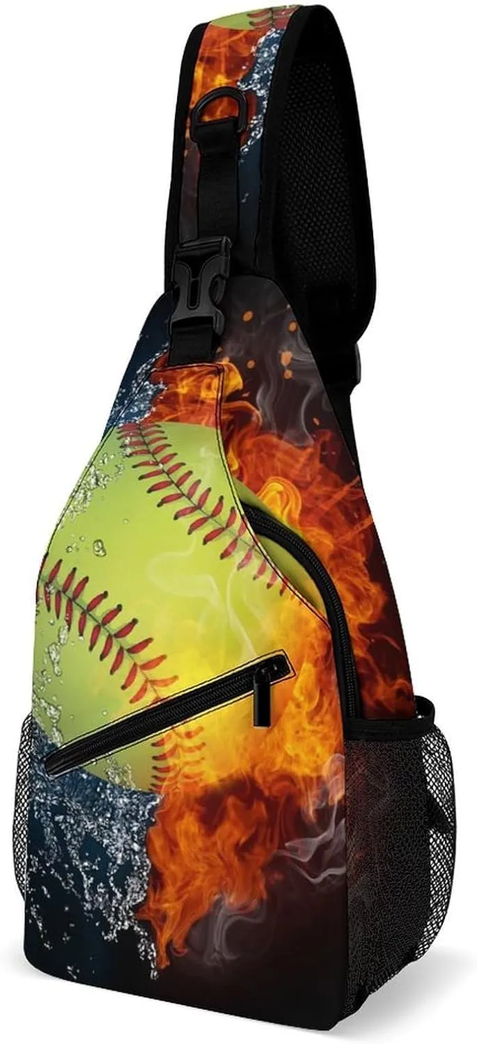 Sling Bag Crossbody Chest Bag Anti-Theft Shoulder Backpack for Women & Men Travel Multipurpose Daypacks (for Ice Water Fire Flame Softball Baseball)