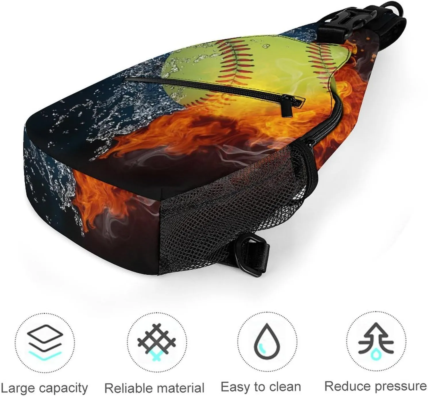 Sling Bag Crossbody Chest Bag Anti-Theft Shoulder Backpack for Women & Men Travel Multipurpose Daypacks (for Ice Water Fire Flame Softball Baseball)