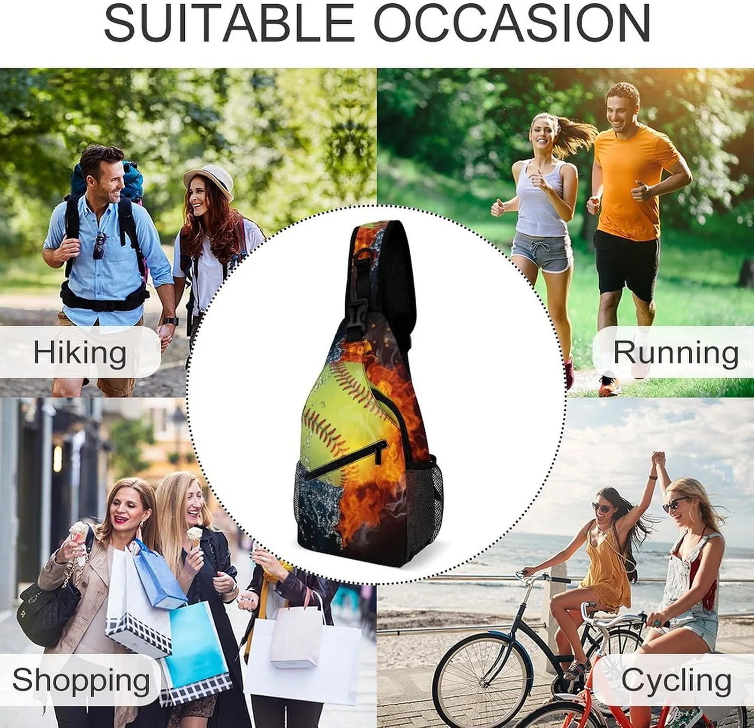 Sling Bag Crossbody Chest Bag Anti-Theft Shoulder Backpack for Women & Men Travel Multipurpose Daypacks (for Ice Water Fire Flame Softball Baseball)