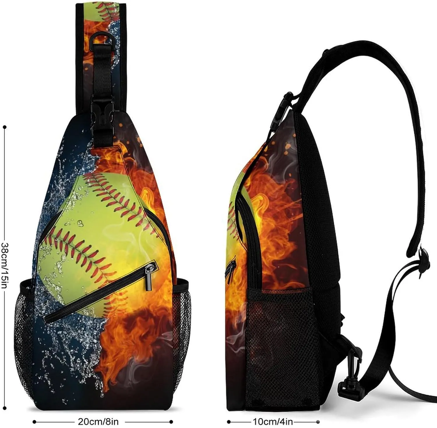 Sling Bag Crossbody Chest Bag Anti-Theft Shoulder Backpack for Women & Men Travel Multipurpose Daypacks (for Ice Water Fire Flame Softball Baseball)