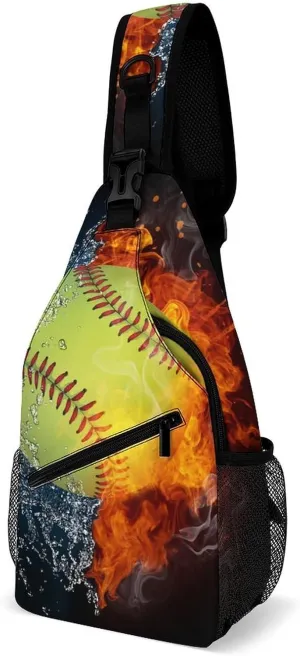 Sling Bag Crossbody Chest Bag Anti-Theft Shoulder Backpack for Women & Men Travel Multipurpose Daypacks (for Ice Water Fire Flame Softball Baseball)