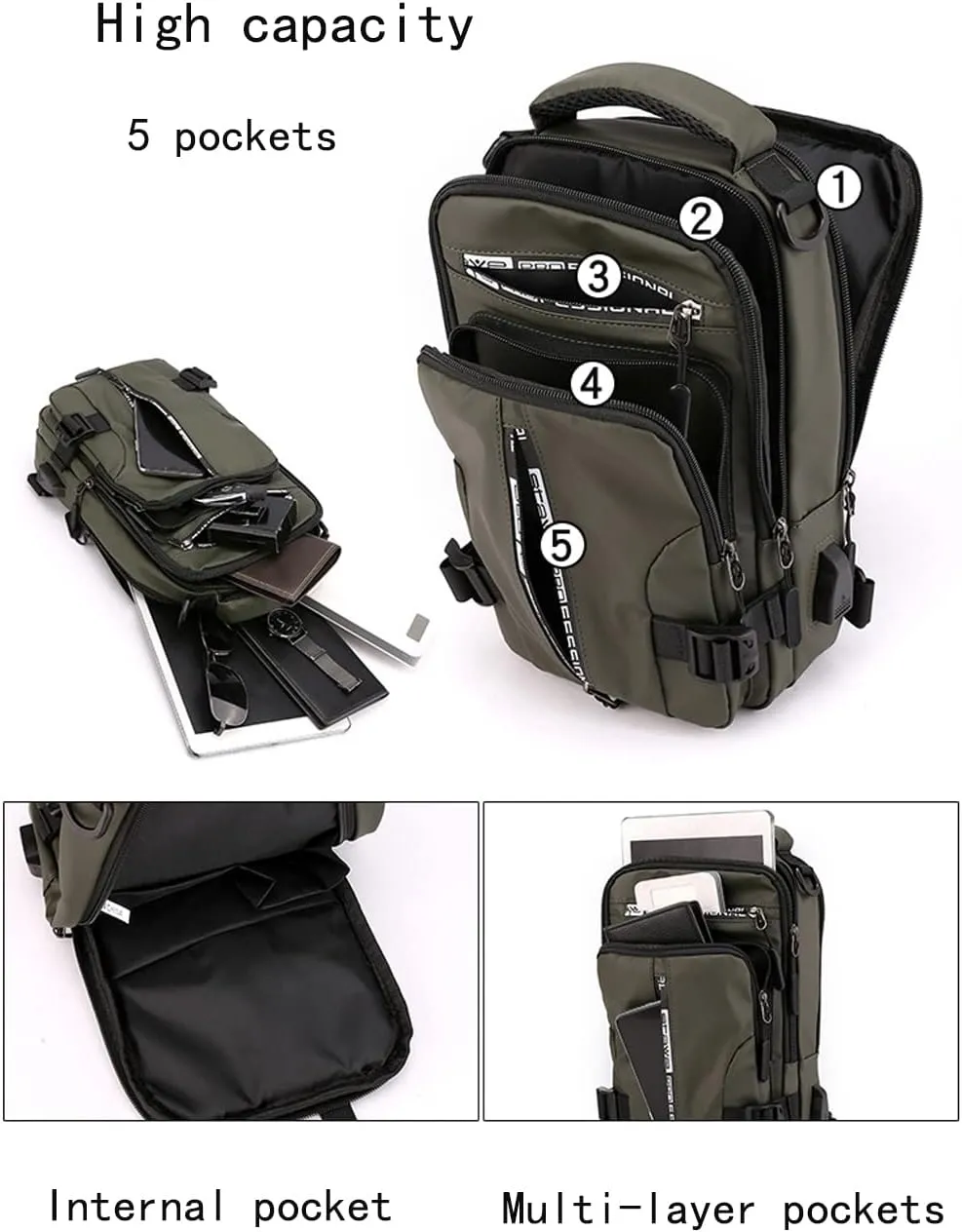 Sling Bag for Men Women Shoulder Backpack Chest Bags Crossbody Daypack with USB Cable for Hiking Camping Outdoor Trip (black)